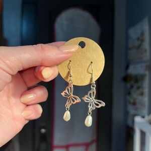 Silver Butterfly Pearl Drop Earrings - Elegant Women's Jewelry